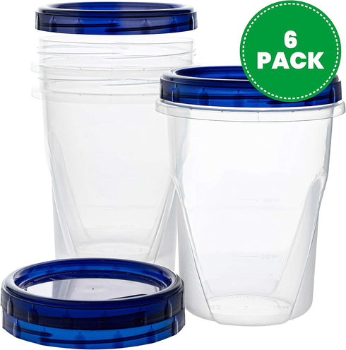 PLASTICPRO Food Storage Freezer Deli Containers Clear Bottom with Blue Top Twist on Lids Reusable, Stackable (32 oz 6