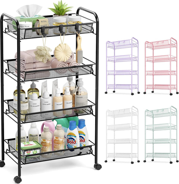 TOOLF 4-Tier Rolling Cart, Metal Utility Cart with 3 Hooks, Easy Assemble
