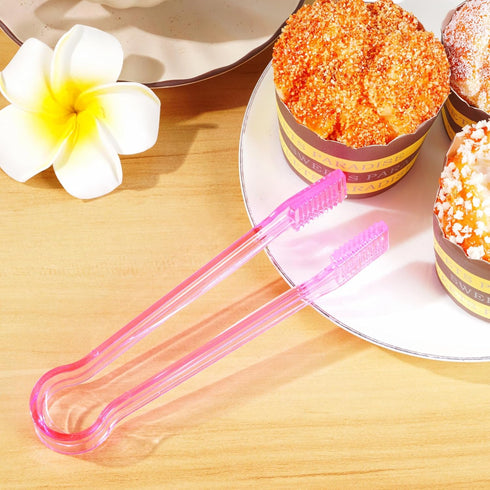 10 Pcs Plastic Buffet Serving Tongs, Clear Pink Mini Kitchen Tongs for Food, Ice, Salad, Barbecue, 6.3 Inches