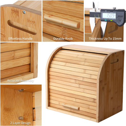 2 15" 9.8" 14.2", 15 mm G.a HOMEFAVOR Bread Box, Layer Bamboo Bread Boxes for Kitchen Food Storage, Large Capacity