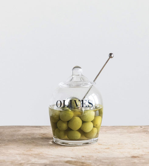 Creative Co-Op Clear Glass "OLIVE" Jar with Lid & Slotted Stainless Steel Spoon – Set of 3 Pieces