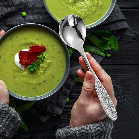 KEAWELL Sunflower Soup Spoon Set of 4, 18/10 Stainless Steel, Silver Visions Bouillon Spoon, Dishwasher Safe, Mirror
