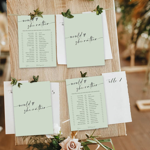 50 Whaline Sheets Sage Green Bridal Shower Game Cards Greenery Double Sided Party Game Activity Cards for Would She