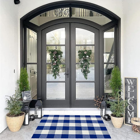 SEEKSEE Cotton Buffalo Plaid Rug, 27.5"x43", Blue and White Checked Washable Doormat for Indoor Outdoor Use