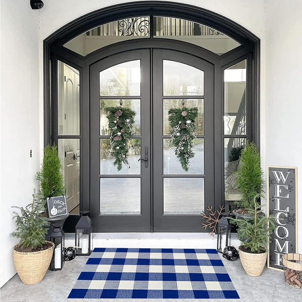 SEEKSEE Cotton Buffalo Plaid Rug, 27.5"x43", Blue and White Checked Washable Doormat for Indoor Outdoor Use