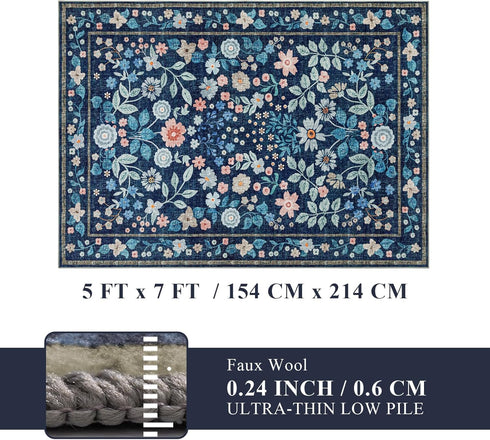 5x7 Blue,5'x7' YIHOUSE Blue Area Rug, Washable Bedroom Rug Floral Non Slip Soft, Colorful Flower Throw Carpet
