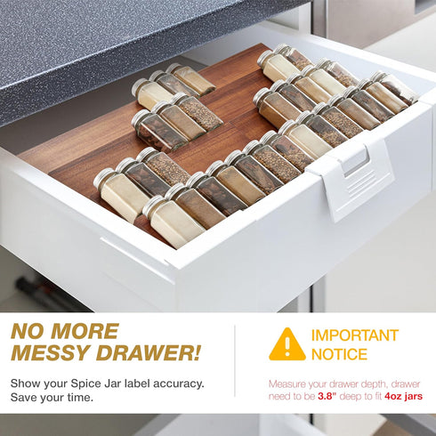 4-Tier Pack 8 (64 Tinamo Acacia Wooden Spice Rack Organizer for Cabinet - Spice Drawer Insert, Spice Organization