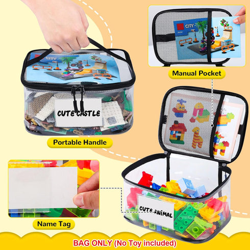 6 Pack Tesuko Clear Toy Storage Bag with Name Tag& Manual Pocket, Waterproof Transparent PVC Toy Organizer Case