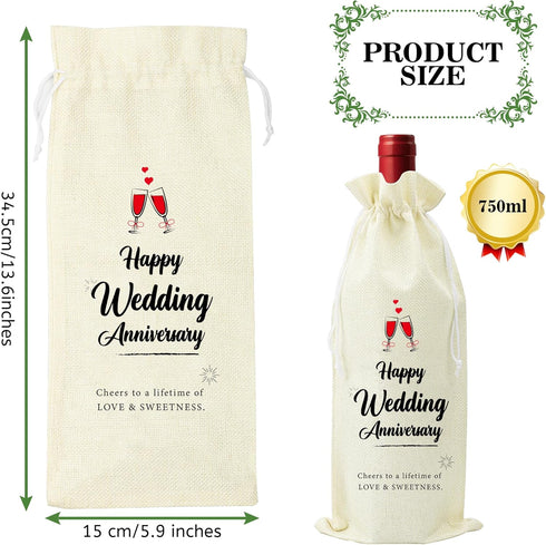 Omoojee 4 Pcs Wedding Anniversary Wine Bag, Couple Gift for Married Anniversary, Flax Drawstring Wine Bag