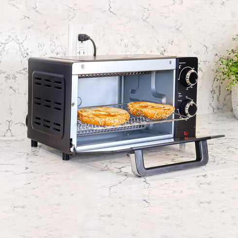 Total Chef 4 Slice Toaster Oven, Compact Kitchen Appliance for Pizza, Bake, Toast, Broil, Black and Stainless Steel