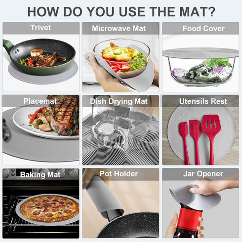 10 Inch Microwave Food Cover & Collapsible Silicone Mat, Splatter Guard, Plate Holder & Kitchen Colander for Meal Prep,