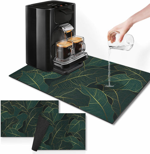 Golden Banana Leaf Emerald Green Coffee Mat for Countertop, 2 Pcs Dish Drying Mat for Kitchen Coffee Bar Accessories,