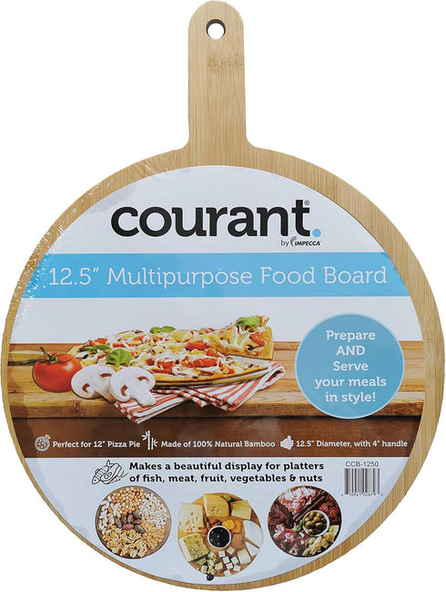 Courant 12.5’’ Multipurpose Food Board, 100% natural Bamboo Cutting board 4” handle Decorative Round Serving tray Perfect for Pizza and Party platters of Fish Meat Cheese Fruit Nuts Chocolate -CCB1250 by Courant
