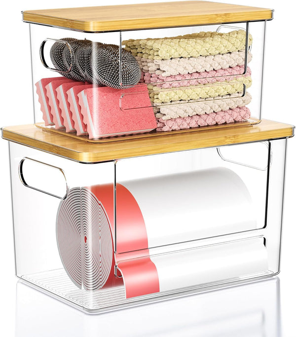 Trash Bag Dispenser 2 Pack, Stackable Trash Bag Holder with Bamboo Lid