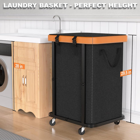 150L (40 Gal) Large Fashion Laundry Basket with Wheels, Leather Patchwork Rolling Hamper Carts, Sturdy Metal Frame