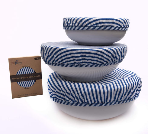 Organic Reusable Bowl Covers, Elastic Bowl Cover Set of 3 Lids Sizes, Blue Stripes 100% Cotton, Great Gift Fabric Food