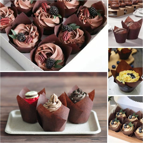 Large White and Brown Tulip Baking Cups, 2-1/4" Base Diameter x 4" Wall Height, Greaseproof Paper, Case of 130 pcs