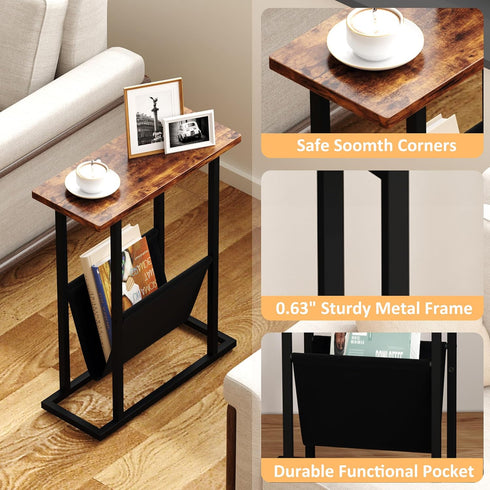 Yusong Narrow Side Table for Small Spaces, Small End Table with Magazine Holder, Skinny Slim Little Thin Table
