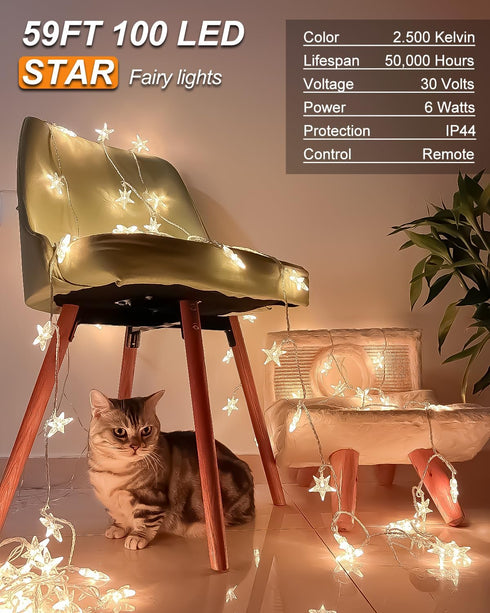 59 100 JOLYMOLY Star String Lights Plug in, Ft LED Star Fairy Lights with Remote Timer, Connectable Waterproof