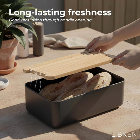 Countertop, LIBKEN Bread Box Extra Thick Steel Bread Bin with Bamboo Cutting Board Lid & Drawstring Bread Bag - Modern
