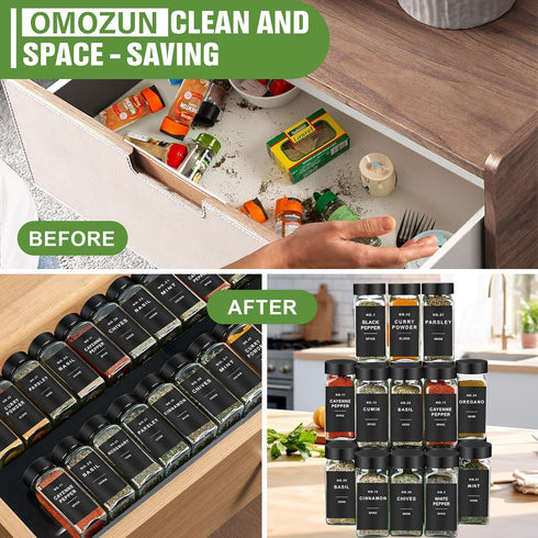OMOZUN 36pcs 4oz 304 Spice Jars with Label, Glass Spice Jars with Black Lids, Square Spice Containers with Labels