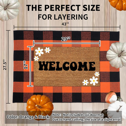 Cotton Orange and Black Plaid Rug - 27.5 x 43 Inches, Hand-Woven Indoor/Outdoor Layered Cotton Blend Buffalo Plaid Rug, Washable Front Door Mat, Perfect for Porch, Living Room, Entryway by PIXFAIRY