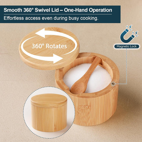 2 Countertop Timtopno Bamboo Salt Cellar, PCS Salt Container with Built-in Spoon, Salt Box Bowl with Magnetic Swivel