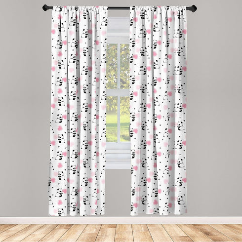 Lunarable Panda Window Curtains, Cartoon Style Bear Drawings with Pinkish Foliage Leaves, 2-Panel Set - 28" x 63", Pink
