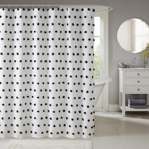 Madison Park Sophie Shower Curtain with Textured Pom-Poms, Modern Bathroom Décor, 72 in x 72 in, Black/White