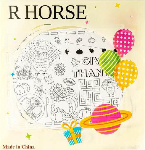 12Pcs R HORSE Thanksgiving Coloring Placemats - Disposable Paper Game Coloring Table Mats, Fall Turkey Place Mats
