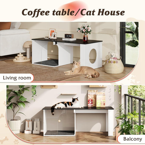 2-in-1 WLIVE Coffee Table, Cat Wood Coffee Table with Lagre Storage Tabletop, Modern Center Table Cat House with Cat