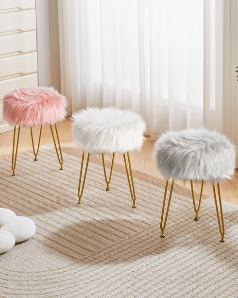 4 LG-32G IBUYKE Faux Fur Vanity Stool Chair, Furry Makeup Stool Ottoman, Soft Padded Seat, Round Footrest Footstools