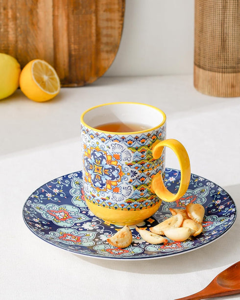 Set 6 14 oz HENXFEN LEAD Boho Ceramic Coffee Mugs of Porcelain Cups for Latte, Cappuccino, Tea & Cocoa Microwave