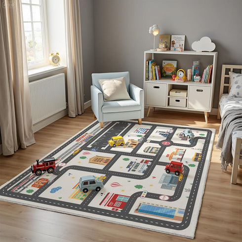 5x7ft Kids City Road Car Play Rug - Non-Slip Faux Wool Carpet with Interactive City Map Design, Educational Toy Vehicle
