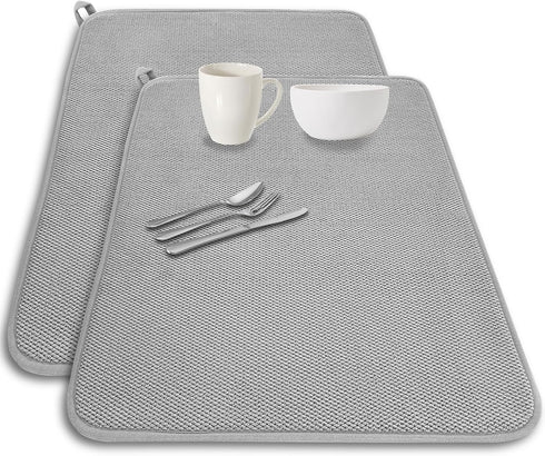 2 Pack Large 24x17 Inch Dish Drying Mats, Absorbent Microfiber Drainer Pads for Countertops and Sinks (Gray)