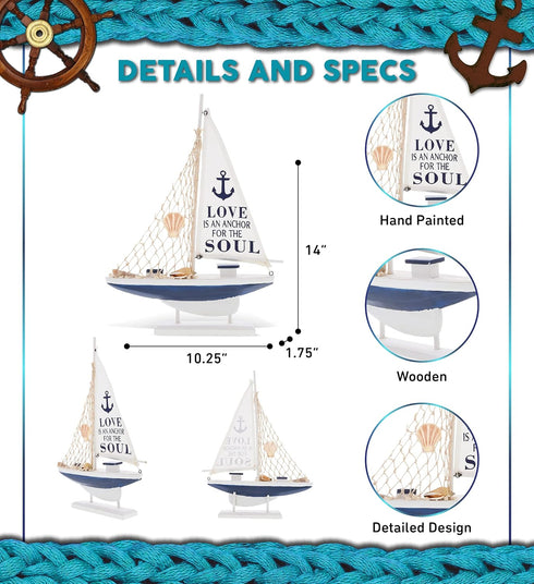 Sailboat 14 Inch CoTa Global Ocean Blue Decor Handmade Wooden Boat Decor, Cute Beach Style Model Sail Boat Decorations