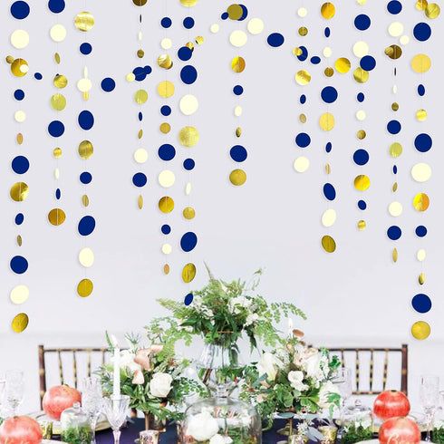 46 Ft Navy Blue and Gold Circle Dots Garland, Royal Blue Hanging Paper Polka Dot Streamer for Party Decorations