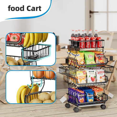 Simple Trending 4 Tier Rolling Cart, Stackable Kitchen Storage Metal Wire Basket Stand with Wheels and 2 Hanging Baskets