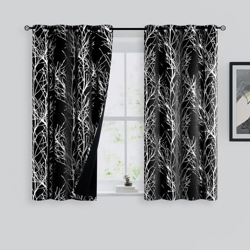 FMFUNCTEX 100% Blackout Curtains for Bedroom, 54 Inch Length Black Branch Panels for Living Room, Thermal Insulated 2