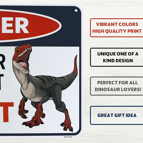 Venicor Velociraptor Dinosaur Sign Decor, 8 x 12 Inches Aluminum Raptor Dinosaur Room Decor for Boys Kids