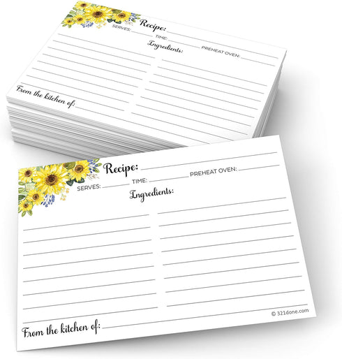 321Done Sunflower Recipe Cards (Set of 50) 4" x 6" - Double-Sided for Weddings, Bridal, Baby Shower - Made in USA