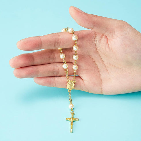 Junkin 30 Pieces Baptism Rosary, Acrylic Rosary Beads in Ivory Color with Gold Plated Faux Pearls and Organza Bags