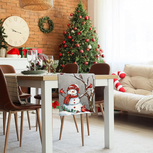 13x108 Inch Christmas Red Bird Branch Table Runner Snowman Cardinal Burlap Table Runners, Winter Xmas Seasonal Coffee