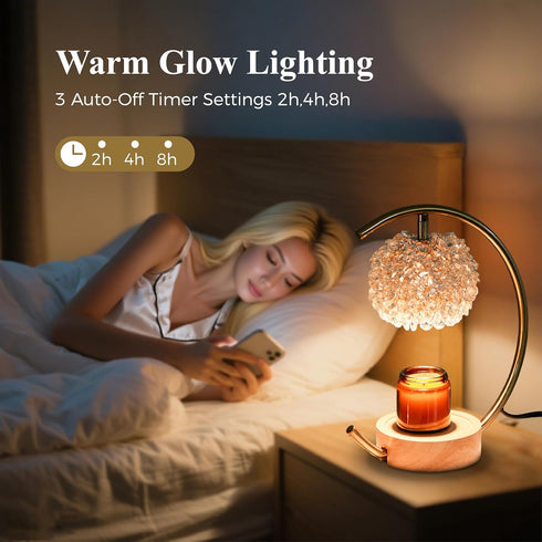 Yeuslor Gold Candle Warmer Lamp for Jar Candles with Adjustable BrightnessTimerHandcrafted CrystalWooden Base