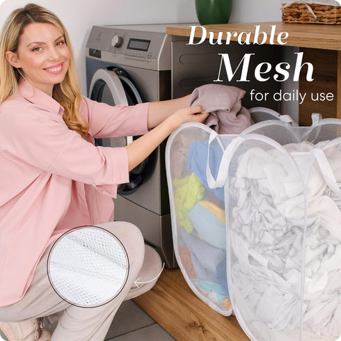 Handy Laundry Mesh Popup Hamper - White, Two Compartments, Collapsible for Easy Storage, Great for Kids Room or Travel.