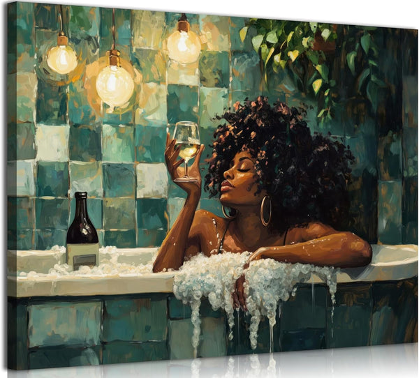 Funny Woman Drinking Wine in Bathtub Canvas Wall Art Funky Girl Room