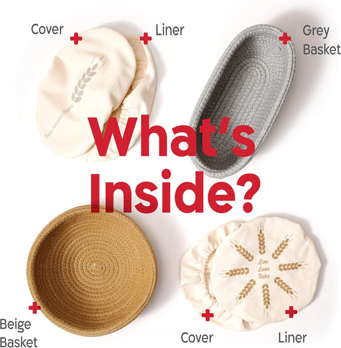 Set, KneadAce Cotton Rope Banneton Bread Proofing Basket Oval & Round Bread Baskets with Liners & Covers for Artisan