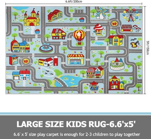 6.6x5.0ft Capslpad Kid Rug for Playroom Sky Blue Play Rug Traffic Road Car Play Mat Educational Learning Area Rug