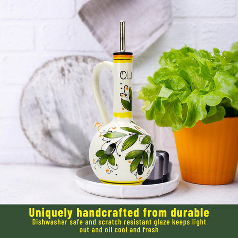 AA Brothers 15oz Hand-Painted Ceramic Olive Oil Dispenser Bottle Decorative Stoneware Cruet with Stainless Steel Spout