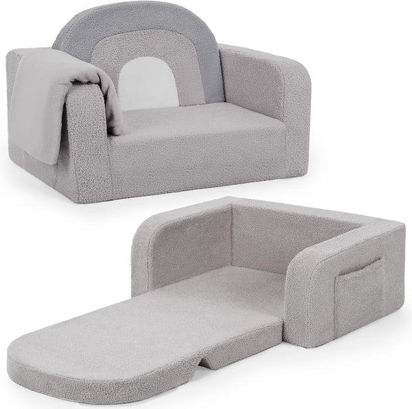 Foryoomi Kids Couch, 2-in-1 Soft Toddler Couch Fold Out with Blanket, Comfy Toddler